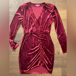 Betsey Johnson Velvet Long Sleeve Dress in Deep Red